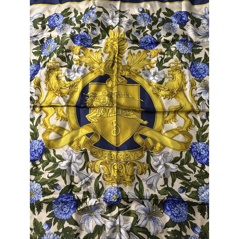 Vintage Burberry Large Coat Of Arms Lion Floral Silk Scarf Vintage - Picture 2 of 14